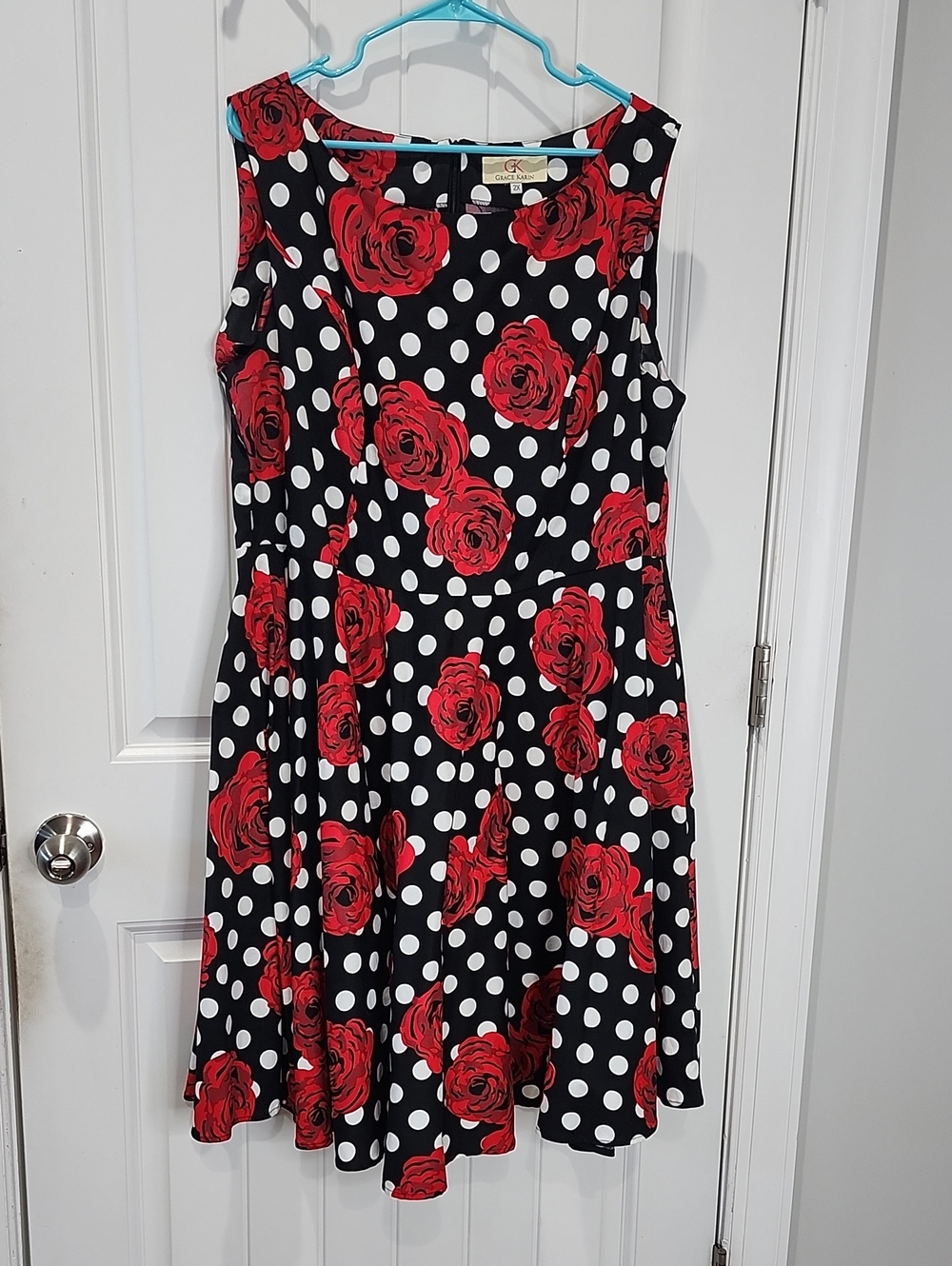 Grace Karin - Women's Black Polka Dot Dress with Red Rose Print - 2XL